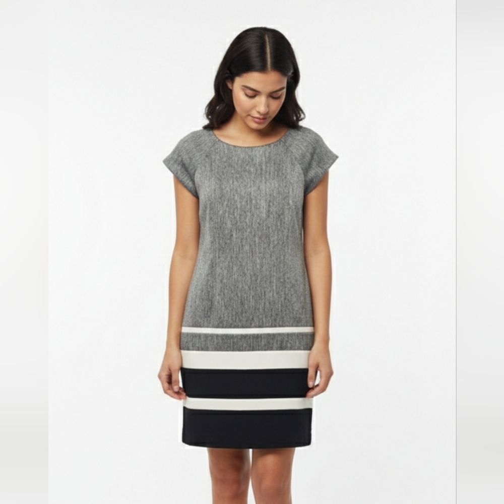 Sandra Darren Gray Black Striped Retro Shift Dress Office Business 6